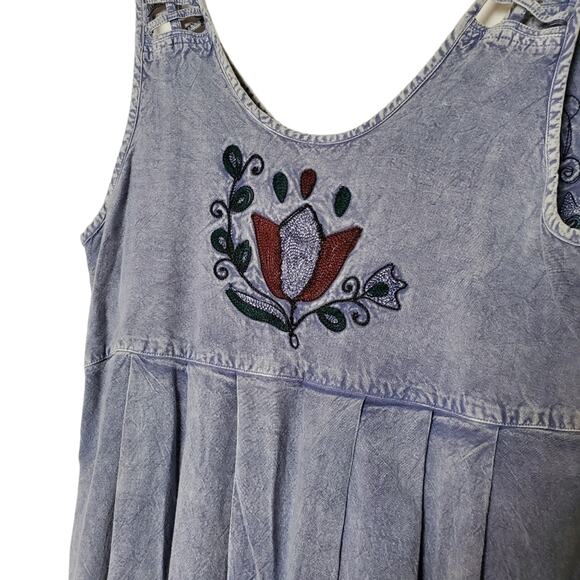 Embroidered Chambray Midi Dress Teacher Retro 90s - Picture 4 of 8